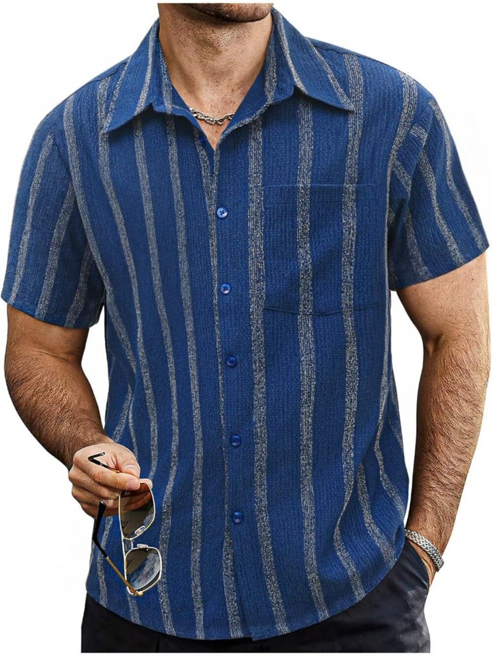 Men's Dark Blue Short Sleeve Beach Hawaiian Summer Striped Button Down Shirts